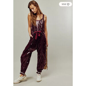 Free People LOVE AGAIN Harem One-Piece Sequin Slouchy Jumpsuit Wine S NWOT $168